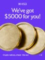 Small thumbnail-style graphic with purple background displaying 'We've got $5000 for you!' above an image of stacked gold coins.