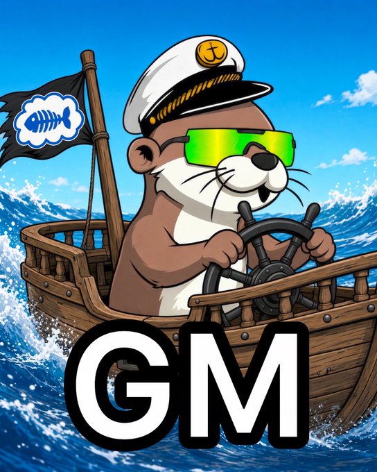 Cartoon otter wearing a captain's hat and reflective sunglasses steering a wooden ship with a pirate flag, labeled 'GM' below.