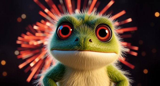 A 3D-rendered green frog-like creature with large red eyes and fluffy fur stands against a dark background with red spiky visual effects.