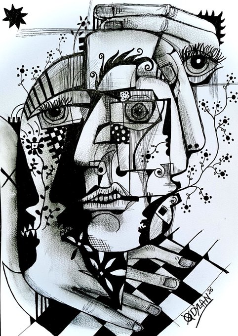 A black and white cubist-style illustration depicting fragmented, overlapping faces with detailed eyes, geometric patterns, and decorative vine elements, signed "Dylan '20" in the lower right corner, fitting the surreal artistic aesthetic often featured in digital art platforms like SuperRare.