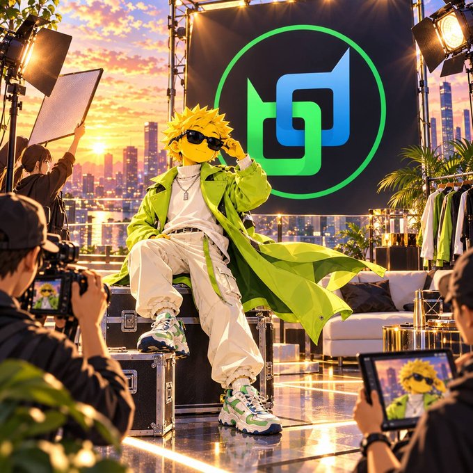 An anime-style illustration of a stylish character with spiky blonde hair and sunglasses, wearing a neon green trench coat, posing on a rooftop at sunset surrounded by photographers and equipment.