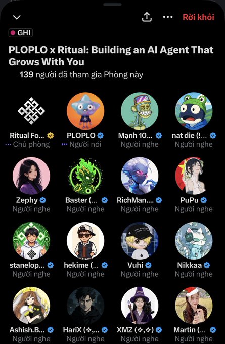 A Twitter Spaces interface titled 'PLOPLO x Ritual: Building an AI Agent That Grows With You' with 139 participants, showing multiple user avatars in a grid.