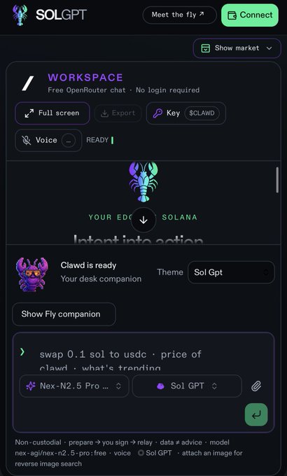 Screenshot of SOLGPT interface showing a 'Workspace' with options like Full screen, Export, Key, and Voice, featuring a crab mascot named Clawd and commands like 'swap 0.1 sol to usdc'.