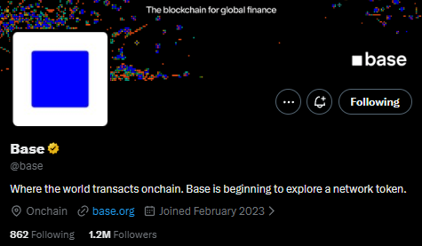 The image shows a Twitter post with a blue square logo at the top, which reads "Base" followed by a list of numbers. The text below the logo indicates that Base is exploring a network token and has already received 1,200 followers. The post also mentions an upcoming tweet about the base token, but no specific details are provided yet.