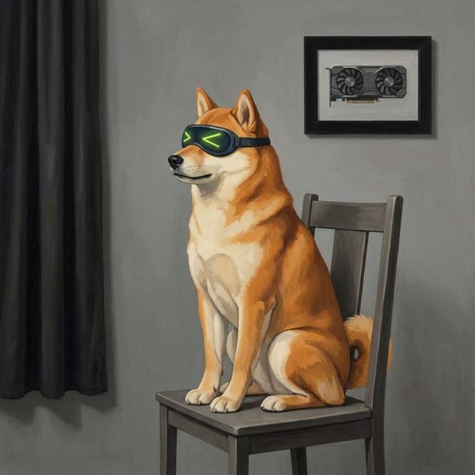 A digital painting depicts a Shiba Inu dog sitting upright on a wooden chair, wearing glowing green digital glasses, with a framed picture of a computer graphics card hanging on the gray wall behind it.