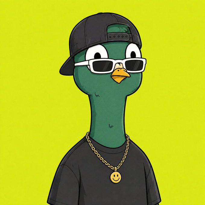 A cartoon illustration of a green duck-like bird wearing a backward black cap, white-framed sunglasses, a black t-shirt, and a gold smiley face chain necklace against a bright yellow-green background.