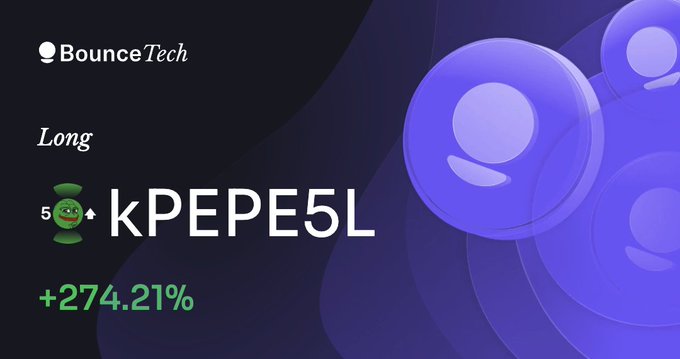 A dark promotional graphic with purple circular design elements displays 'BounceTech', 'Long', the ticker 'kPEPE5L', and a performance figure of '+274.21%'.