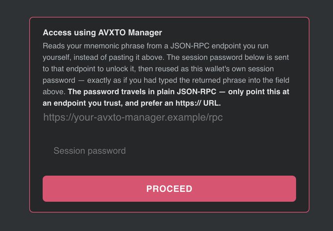 A dark interface panel titled 'Access using AVXTO Manager' with a description about reading a mnemonic phrase from a JSON-RPC endpoint, a URL field, a 'Session password' field, and a pink 'PROCEED' button.