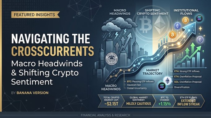 A financial analysis infographic titled 'Navigating the Crosscurrents: Macro Headwinds & Shifting Crypto Sentiment' by Banana Version, featuring Bitcoin and Ethereum icons alongside stats like 'Total Crypto Market Cap ~$2.15T' and 'BTC 7D Change +1.15%'.