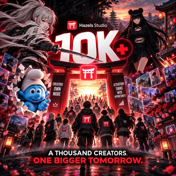 Promotional poster for 'Hazels Studio' celebrating '10K+' followers with the tagline 'A THOUSAND CREATORS. ONE BIGGER TOMORROW.' featuring anime-style characters, a Smurf, and text 'CREATORS OWN MORE' and 'ATTENTION TURNS INTO OPPORTUNITY'.
