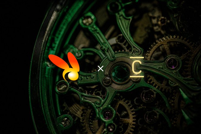 An orange hummingbird-like logo and a 'LC' monogram appear overlaid on intricate green mechanical gears.