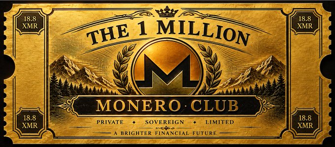 A gold ticket design reads 'THE 1 MILLION MONERO CLUB' with '18.8 XMR' markings, a laurel wreath, and mountain imagery promoting 'A BRIGHTER FINANCIAL FUTURE.'