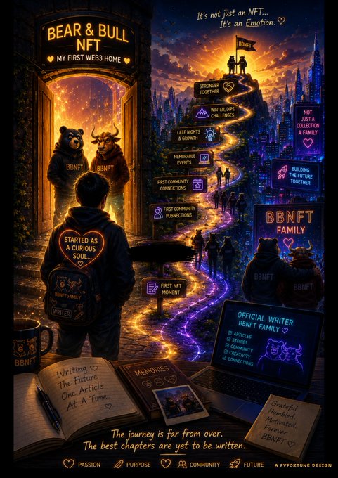 The image features a poster for Bear & Bull NFT that showcases a man standing at the entrance to a castle, with two bears walking up a staircase towards him. The poster also includes text about the Bear & Bull NFT community and their journey together.