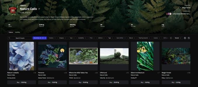 The image displays a digital art marketplace page for a collection called "Nature Calls," featuring 6 items with varying prices such as 35.50 tz, 16.40 tz, 15.00 tz, 20.00 tz, 9.50 tz, and 3.33 tz, with art titled "Nature's details," "Fiereness," "Where the Wild Takes Tea," "Otherworld," "Silent Architecture," and "Magic Forest" by artists like Anna Luzardo, Justino Rivera, YEDM, Noah My, Giablomes, and TheNoD. This supports the post's mention of joining a cause by collecting art, aligning with the Tezos Tuesday theme highlighted in the navigation bar.
