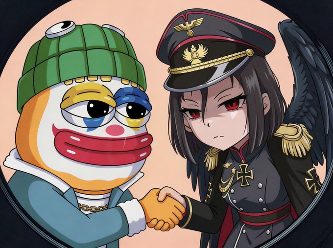 Two cartoon characters, a clown-like figure in a green beanie and a dark-haired girl in an ornate military uniform with winged details, shake hands against a peach-colored circular background. The image visually represents the partnership announcement between "Momo" and "Froge," symbolizing their collaboration and the joining of forces described in the post.