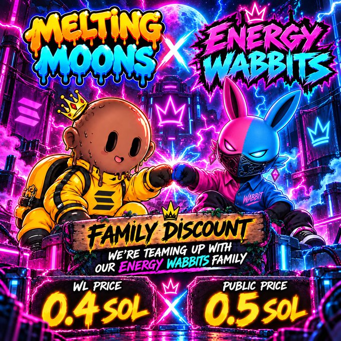 A neon-colored promotional graphic announces a 'MELTING MOONS x ENERGY WABBIts FAMILY DISCOUNT' collaboration, showing WL Price at 0.4 SOL and Public Price at 0.5 SOL.