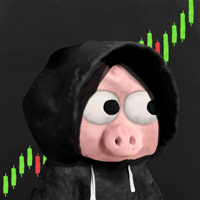 A claymation-style pink pig character wearing a black hooded sweatshirt with large white and black eyes, superimposed over a candlestick stock chart showing an upward trend of green and red bars against a dark background.