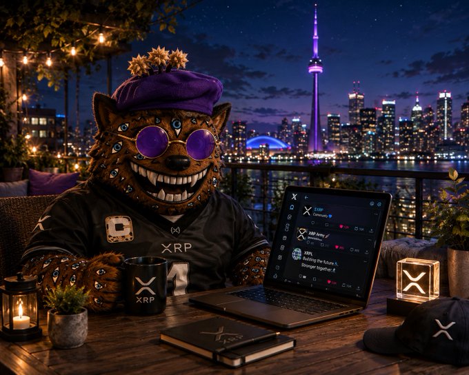An anthropomorphic XRP mascot wearing purple sunglasses and a beret works on a laptop at a rooftop bar overlooking the Toronto skyline at night.