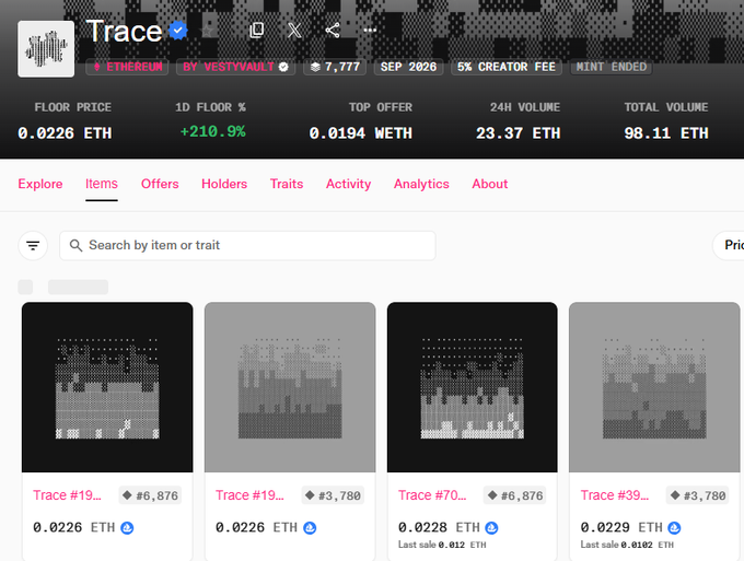 A screenshot of an NFT marketplace page for a collection called 'Trace' by Vestyvault on Ethereum, showing a floor price of 0.0226 ETH and various trace pattern items listed for sale.