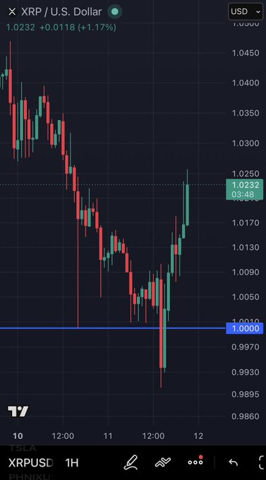 A TradingView candlestick chart of XRP/USD (1H timeframe) showing a sharp decline from ~$1.0450 to a low near $0.9910 before recovering to $1.0232 (+1.17%), highlighting the critical $1.00 psychological support level being tested as a potential bottom.