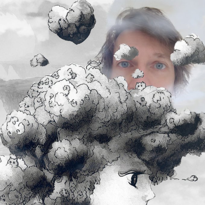 An artistic composition combining a sketch-style drawing of dark clouds with a partially obscured photograph of a person with striking blue eyes peering through.