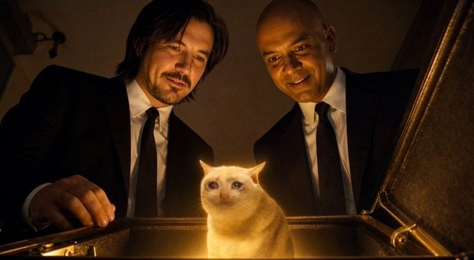 Two men in dark suits, resembling John Wick (Keanu Reeves) and Charon (Lance Reddick) from the John Wick film franchise, peer down with smiles at an orange and white cat illuminated by a golden light.