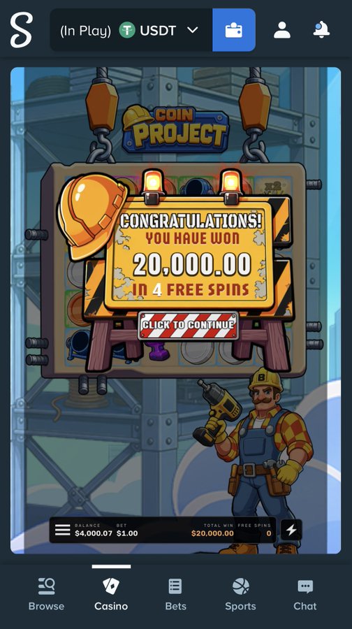 A mobile casino screenshot from the Stake platform showing a "Coin Project" slot game win notification for $20,000.00 in 4 free spins, with a $1.00 bet and $4,000.07 balance displayed—appearing to document a big win being shared as part of a cryptocurrency giveaway promotion for $SOL.