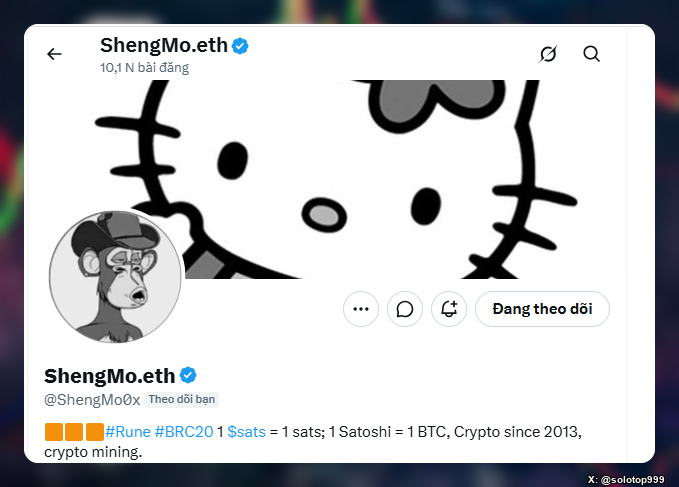 A Twitter profile page for **@ShengMo0x** (ShengMo.eth) featuring a Bored Ape Yacht Club (BAYC) avatar and Hello Kitty-style banner, with a bio mentioning Bitcoin, Rune, BRC20, and satoshi conversions. The image relates to the post's nostalgia about ShengMo being an early crypto influencer whose BAYC avatar once reflected multi-million VND floor prices during the author's entry into crypto.