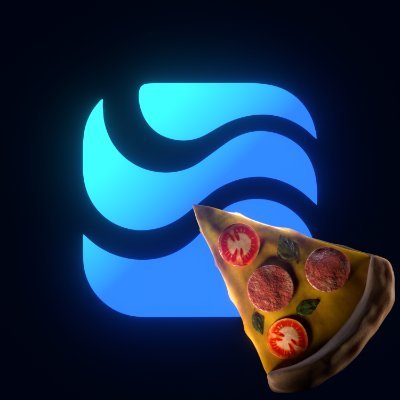 iced pizza with red sauce, cheese, and green herbs is presented against a dark blue gradient background.