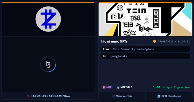 A digital interface showing a Tezos blockchain NFT transaction, with text reading 'hic et nunc NFTs', 'From: Teia Community Marketplace', 'To: ryangtanaka', dated 29/08/2026, alongside a Tezos (XTZ) logo.