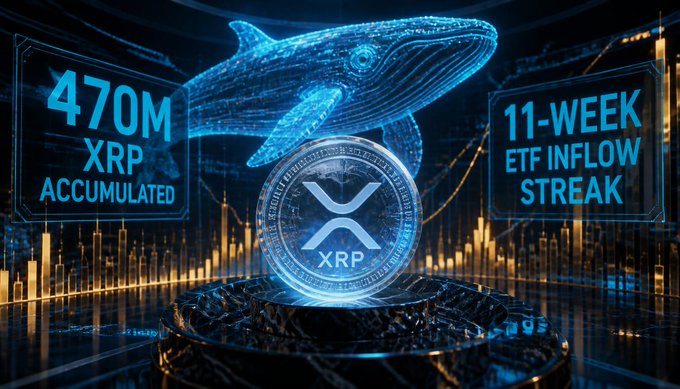 Crypto promotional graphic showing a holographic blue whale above an XRP coin, with text '470M XRP Accumulated' on the left and '11-Week ETF Inflow Streak' on the right, set against a trading chart background.
