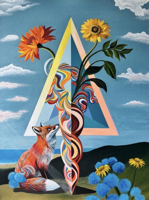 A surreal painting featuring a fox gazing up at a central colorful twisted form emerging from a triangular portal, surrounded by sunflowers and blue flowers against a cloudy sky.