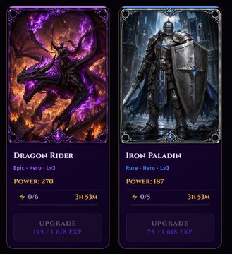 A video game screenshot showing two character cards side by side: a purple 'DRAGON RIDER' (Epic, Power 270) and an 'IRON PALADIN' (Rare, Power 187), both with upgrade options displaying 3H 53M timers.