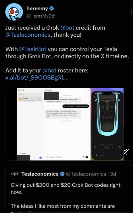 A Twitter post by user @HeresMyEth thanking @Teslaconomics for a Grok @bot credit, promoting @TeslrBot which allows users to control their Tesla through Grok Bot or the X timeline, with attached images showing a Tesla app interface and vehicle controls. The post relates to the accompanying caption by showcasing the TeslrBot functionality for Tesla control via tweets.