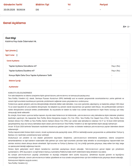 The image displays a KAP (Public Disclosure Platform) disclosure from Tera Portföy Yönetimi A.Ş., dated 20.09.2026, in which the company issued a detailed statement addressing investors' concerns about fund refund requests totaling approximately 300 billion TL, payment schedules, and the Takasbank blockade affecting six of its funds (TLY, THF, DOH, TMV, FSU, TMM, TRJ, and TRU), directly corresponding to the post's summary of Tera Portföy's announcement regarding the refund process.