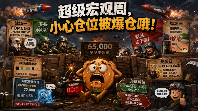 A vibrant Chinese promotional graphic warns "小心仓位被爆仓哦!" (Watch out for your positions getting liquidated!) amid war-themed imagery of soldiers, bombs, and explosions, highlighting "超级宏观周" (Super Macro Week) and upcoming market events including the FOMC meeting on July 30 at 2:00 AM (深证2:00), with Bitcoin priced at 72,000 showing a 14.5% probability of breaking the 25-day support level, alongside trading scenarios featuring oil prices and a potential trade deal with U.S. tariffs at 30% expected to drop to 67.5K, illustrating the high-stakes "多头争夺战" (bulls vs. bears battle) for crypto traders during this volatile period.