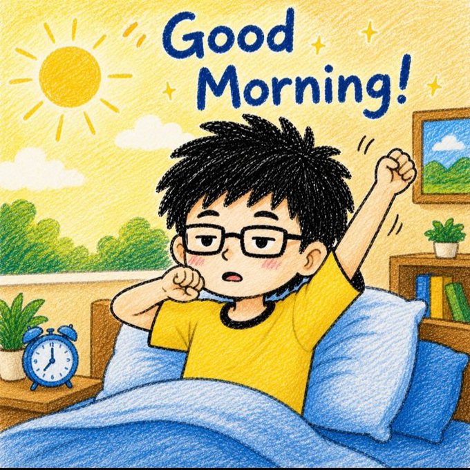 The image features a cartoon boy wearing glasses who has just woken up from his sleep. He is sitting on a bed with blue sheets and a pillow, and he raises his hand as if to say "Good morning!" The background of the image shows a sunny day outside, which adds to the cheerful atmosphere.