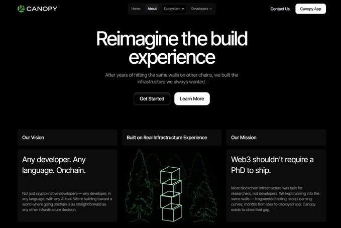 A webpage screenshot for "CANOPY" displays the headline "Reimagine the build experience" with a "Get Started" button, alongside sections titled "Our Vision", "Built on Real Infrastructure Experience", and "Our Mission".