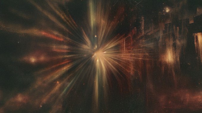 A radiant burst of light emanates from a central point, casting warm amber and rust-toned streaks against a dark, textured background that resembles mixed-media layers and aged surfaces. The image visually echoes the post's description of "Mentographs" as fragmented glimpses of consciousness—evoking the distortion, memory, and luminous aftermath of something that persists beyond form.