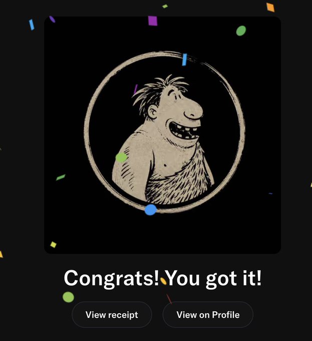 A 'Congrats! You got it!' notification featuring a cartoon caveman illustration within a circle, with 'View receipt' and 'View on Profile' buttons, surrounded by confetti on a dark background.