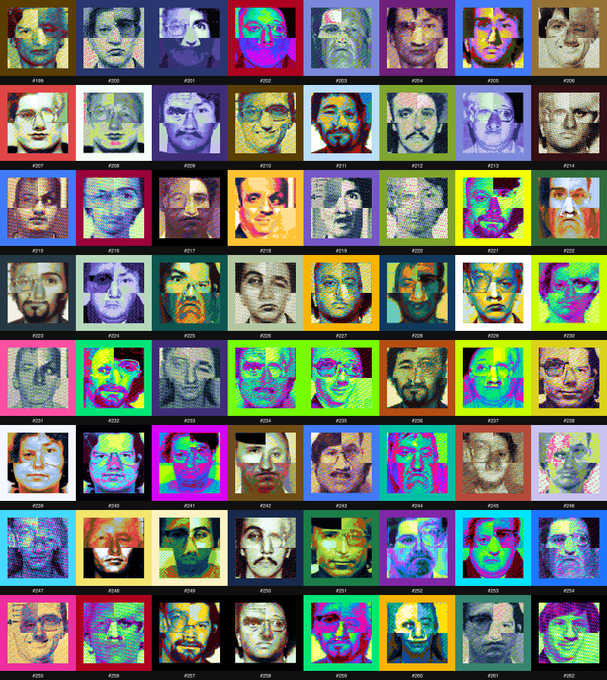 A grid displays a collection of pixelated, multicolored portrait artworks labeled with identifiers ranging from #199 to #262, featuring various faces in a mosaic-like style.