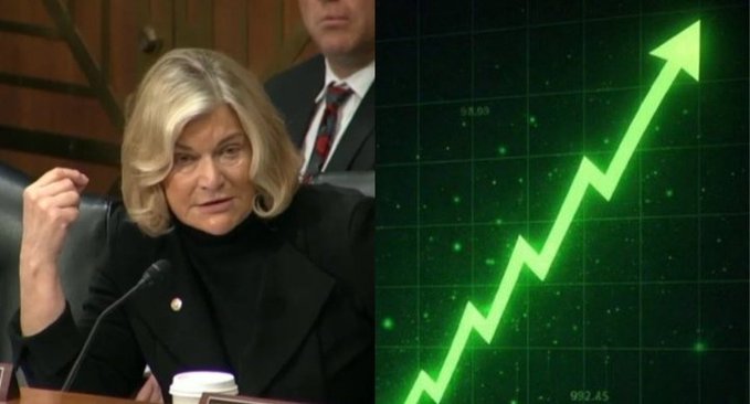 Senator Lummis speaking at a congressional hearing paired with a green upward-trending stock chart, illustrating her push for the CLARITY Act to establish a U.S. crypto framework that could unleash massive institutional capital and unlock the projected $30 trillion opportunity.