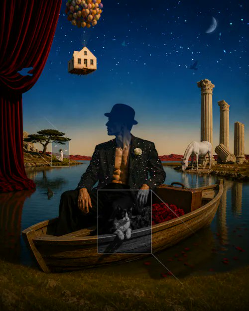 A surreal collage featuring a man in a black bowler hat and starry suit sitting in a wooden boat, holding a leash attached to a cat; the dreamlike scene includes a floating house carried by balloons, classical columns, a white horse, red theater curtains, and a night sky with a crescent moon.