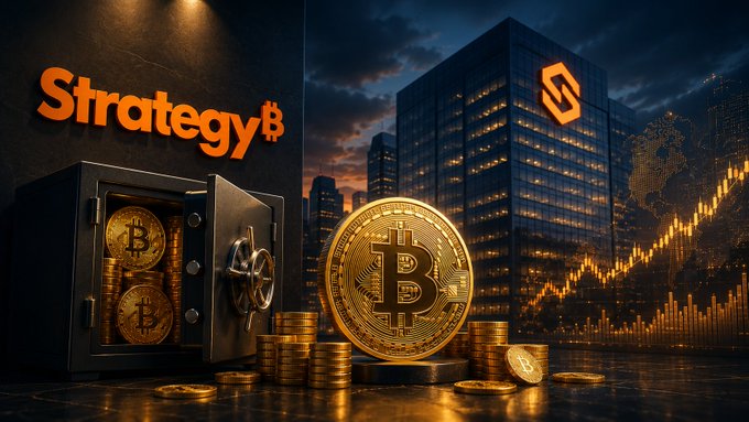 A digital illustration featuring a Bitcoin-themed safe labeled 'Strategy' with stacks of gold coins and a cityscape with a stock chart in the background.
