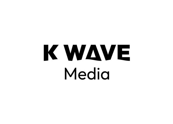 A minimalist logo for 'K WAVE Media' with stylized black text on a white background.