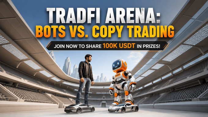 A promotional banner for 'TRADFI ARENA: BOTS VS. COPY TRADING,' featuring a man standing next to an orange and white robot in a stadium setting, with text inviting users to 'JOIN NOW TO SHARE 100K USDT IN PRIZES!'