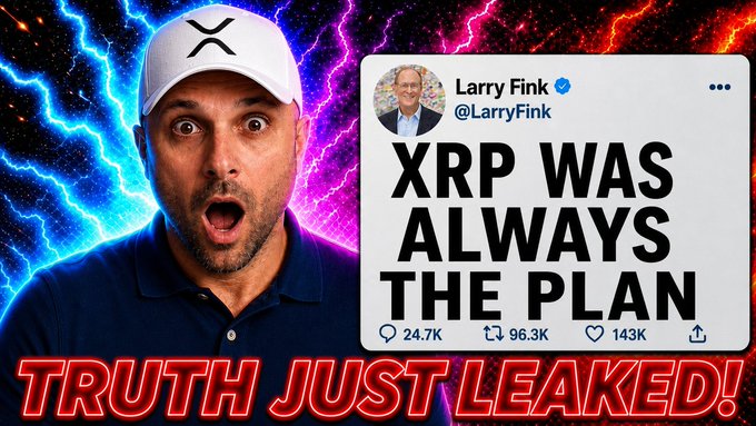 A shocked man wearing a white cap stands before a dramatic lightning background next to a fake tweet from "Larry Fink" (@LarryFink) reading "XRP WAS ALWAYS THE PLAN," with "TRUTH JUST LEAKED!" displayed in red text below—visually amplifying the video's claim that BlackRock will be pressured to launch an XRP ETF after 6 other issuers (Fidelity, Franklin Templeton, Bitwise, Grayscale, and 21Shares) have already entered the space.
