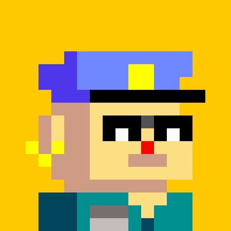A pixel art portrait of a character with blue hair, sunglasses, a yellow hard hat, and a green shirt against a yellow background.