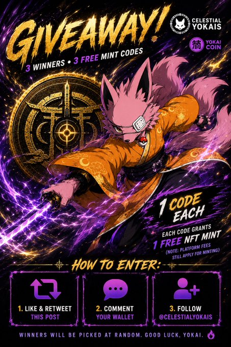 A promotional giveaway poster from @celestialyokais announcing 3 winners receiving free Kitsari mint codes (1 each), featuring a pink-haired fox yokai character in orange robes wielding a glowing purple sword against a mystical purple and gold background, with entry instructions to like/retweet, comment a SOL wallet, and follow the account.