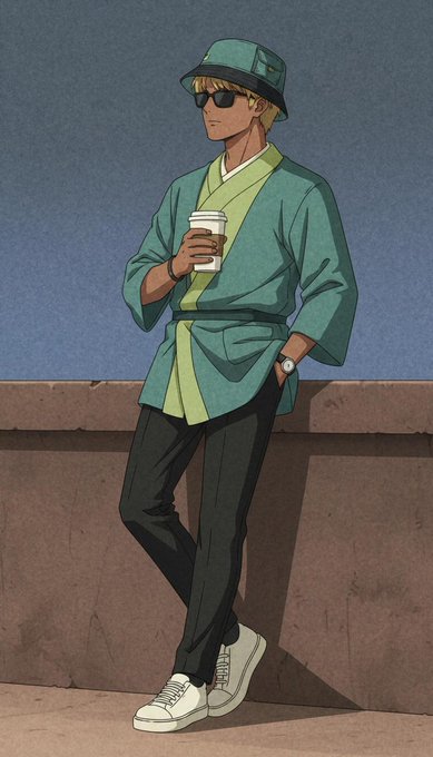 An illustration of a blonde anime-style character wearing a green bucket hat, sunglasses, a green wrap jacket, black pants, and white sneakers, casually holding a coffee cup while leaning against a concrete wall.